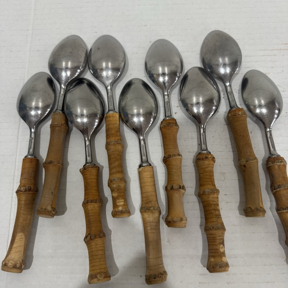 VINTAGE MID-CENTURY AUTHENTIC BAMBOO HANDLE TIKI FLATWARE STAINLESS STEEL JAPAN - Picture 10 of 11